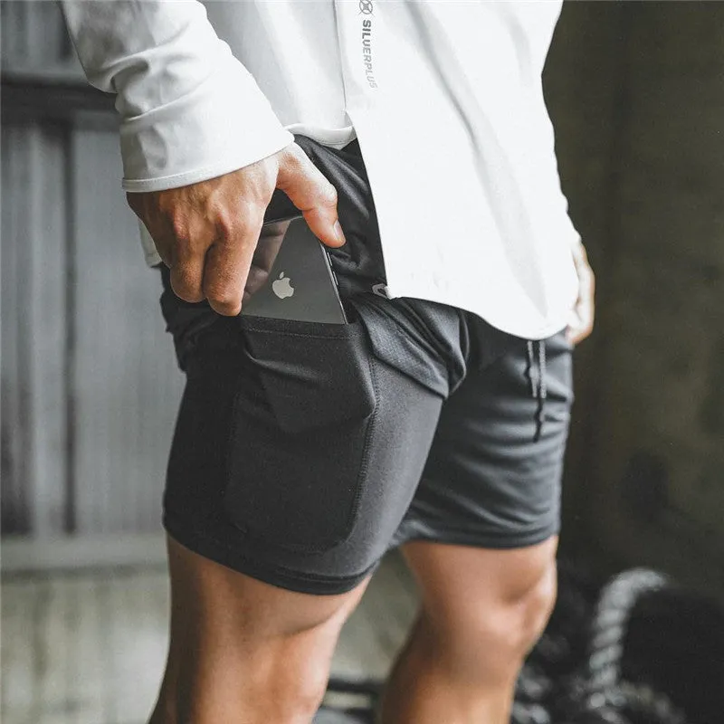 2-in-1 Men's Running Shorts Double-deck Quick Drying Jogging Gym Short Pants with Phone Pocket