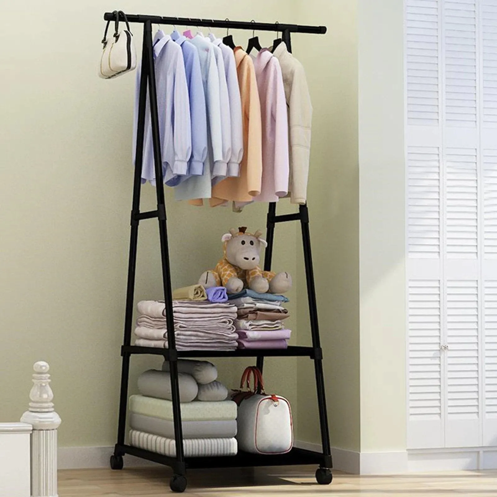 2-Layer Shelf Hanging Clothes Rack With Wheels Ra-8