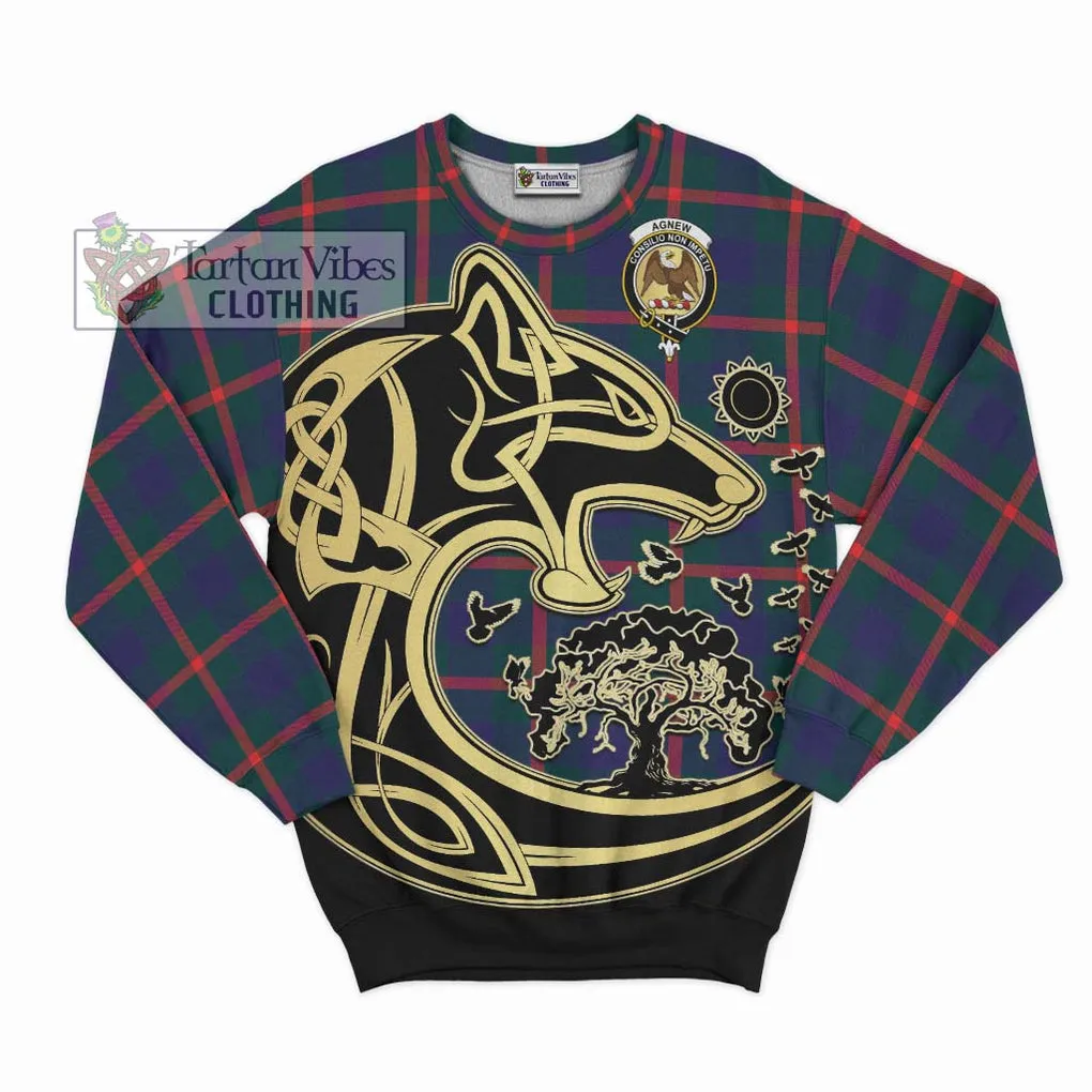 Agnew Tartan Sweatshirt with Family Crest Celtic Wolf Style