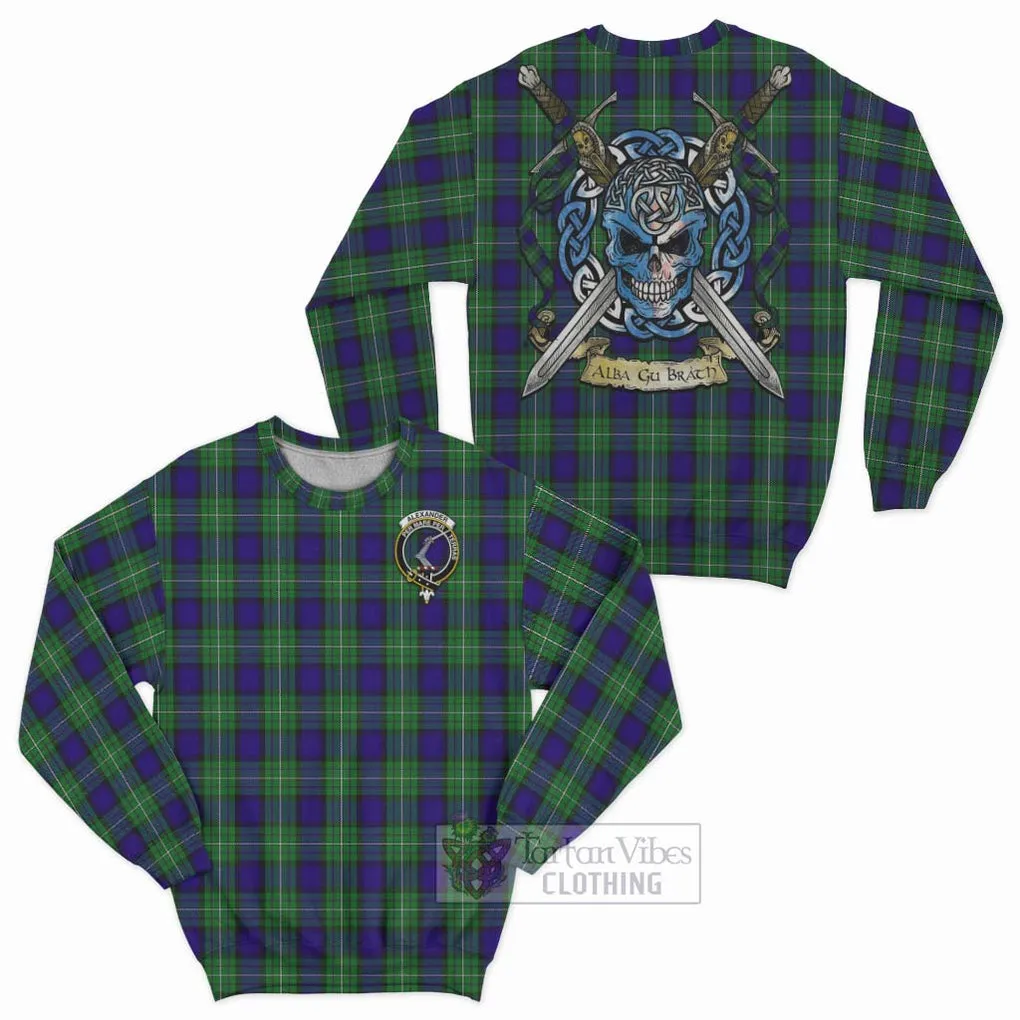 Alexander Tartan Sweatshirt with Family Crest Celtic Skull Style