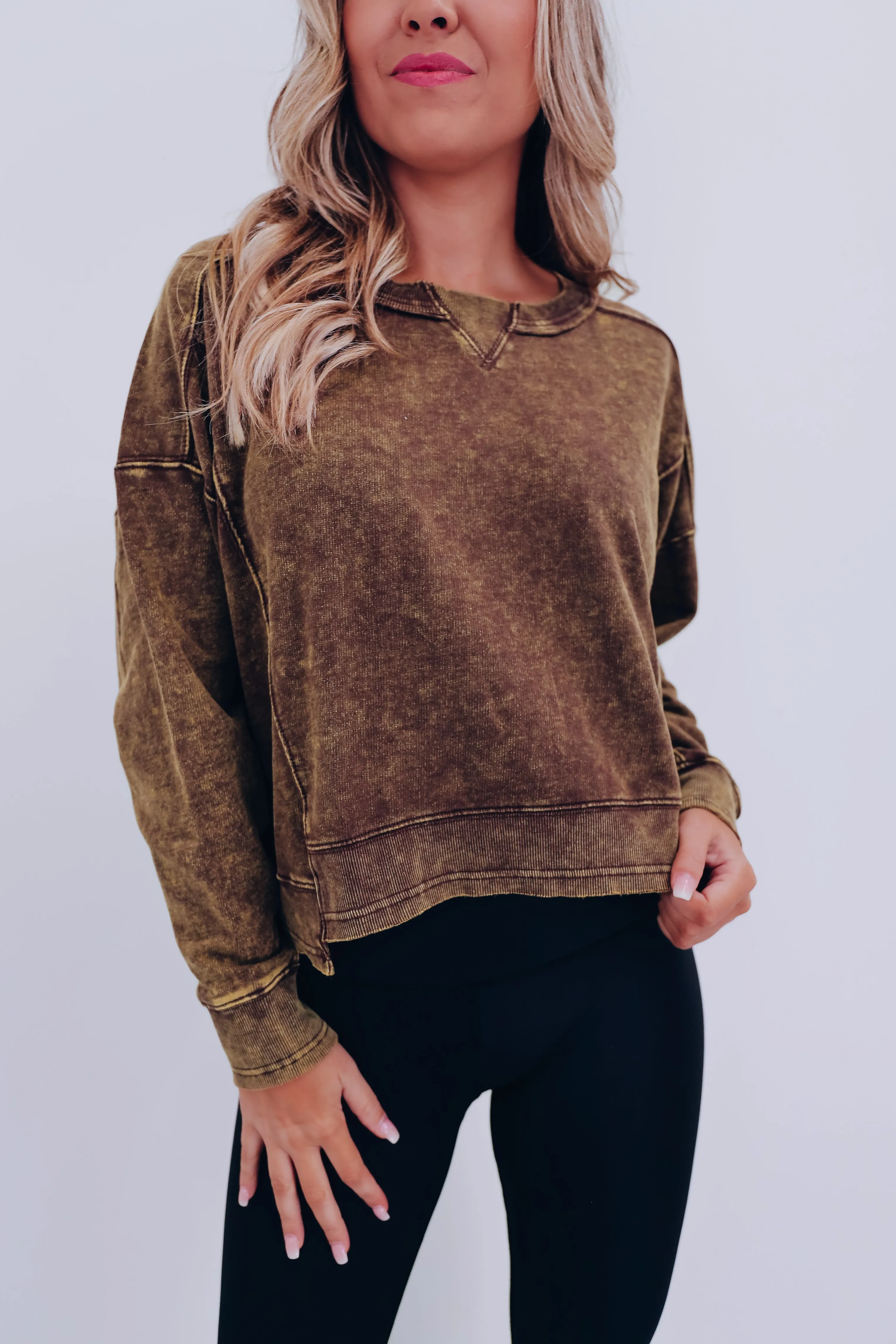 Amanda Acid Washed Cropped Sweatshirt - Brown