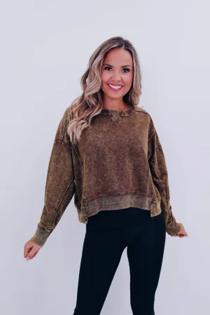 Amanda Acid Washed Cropped Sweatshirt - Brown