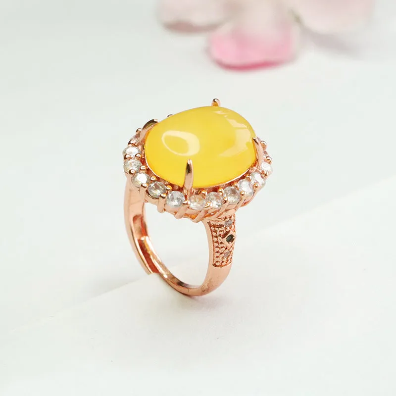 Amber Beeswax Ring with Zircon Halo Sterling Silver Court Style Jewelry