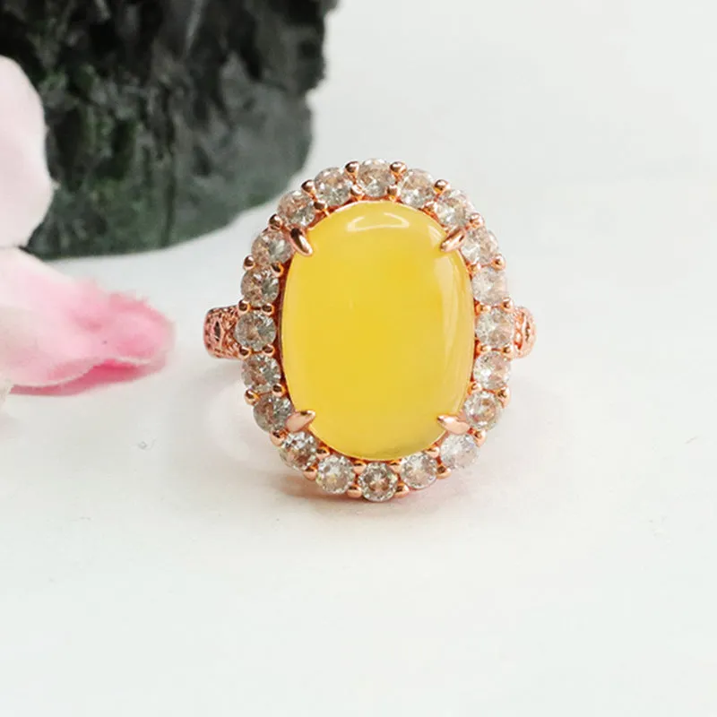 Amber Beeswax Ring with Zircon Halo Sterling Silver Court Style Jewelry