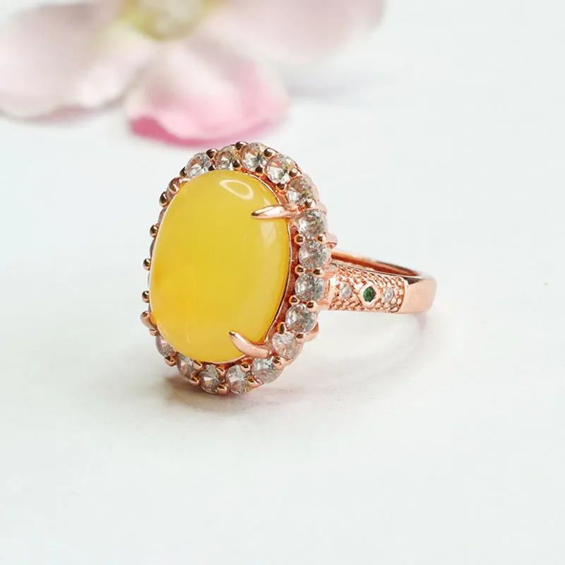 Amber Beeswax Ring with Zircon Halo Sterling Silver Court Style Jewelry