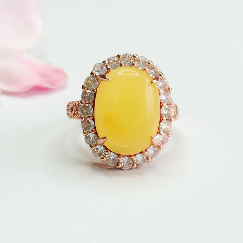 Amber Beeswax Ring with Zircon Halo Sterling Silver Court Style Jewelry