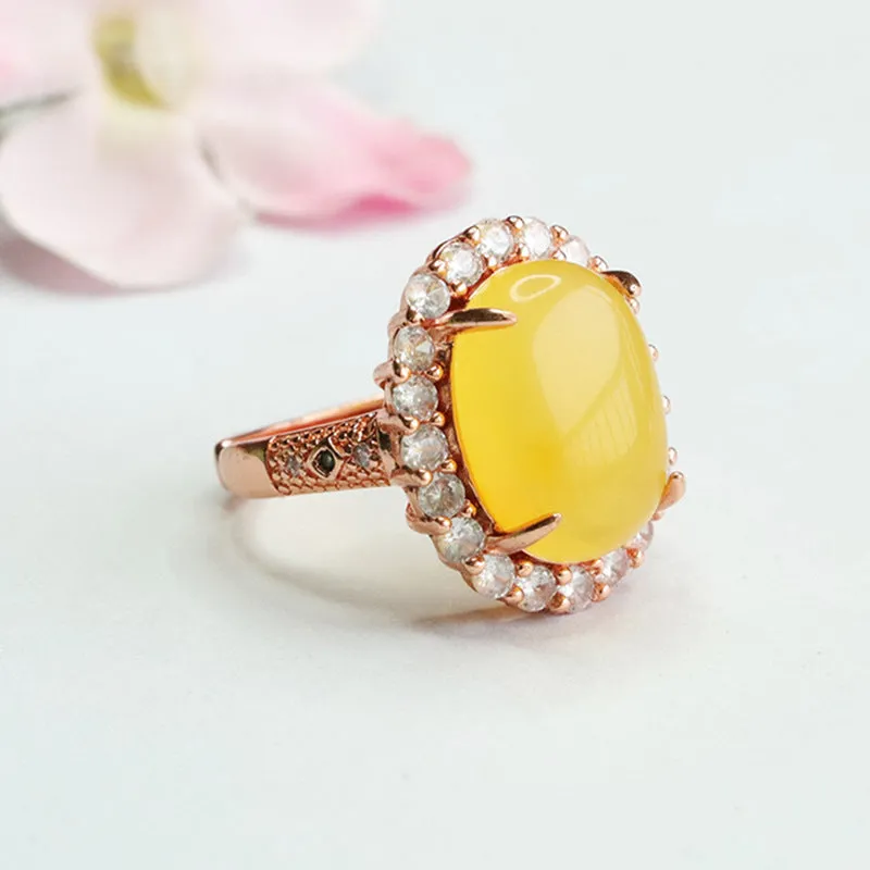 Amber Beeswax Ring with Zircon Halo Sterling Silver Court Style Jewelry