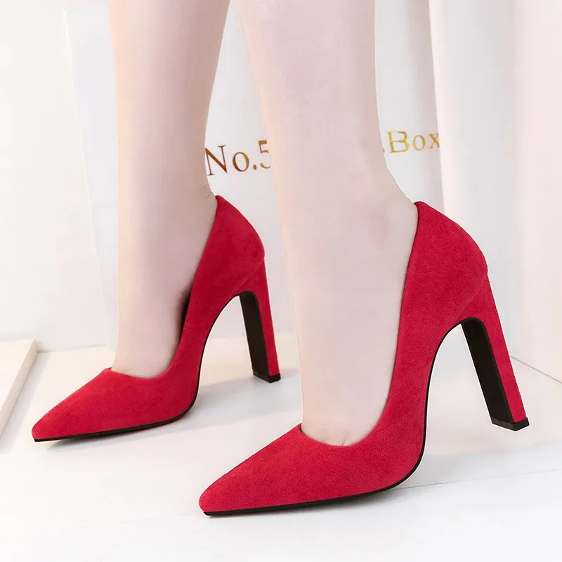 Amozae-2024 Women 10cm Block High Heels Bridal Scarpin Valentine Pumps Ladies Pointed Toe Red Plaza Heels Female Chunky Classic Shoes