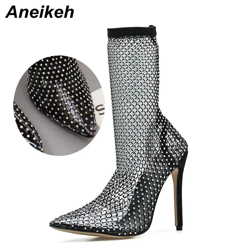 Aneikeh Summer Bling Bling Rhinestone Mesh Pointed toe Sandals Ankle Boots Stiletto High Heels Female Crystal Mesh Shoes Sandals