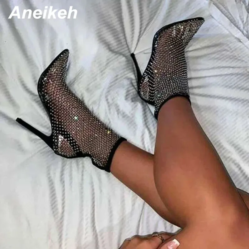 Aneikeh Summer Bling Bling Rhinestone Mesh Pointed toe Sandals Ankle Boots Stiletto High Heels Female Crystal Mesh Shoes Sandals