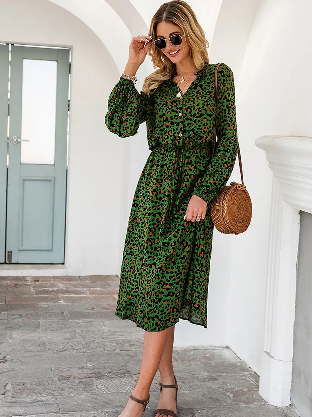 Anna-Kaci Women's Leopard Long Lantern Sleeves Drawstring Tie Waist Midi Dress