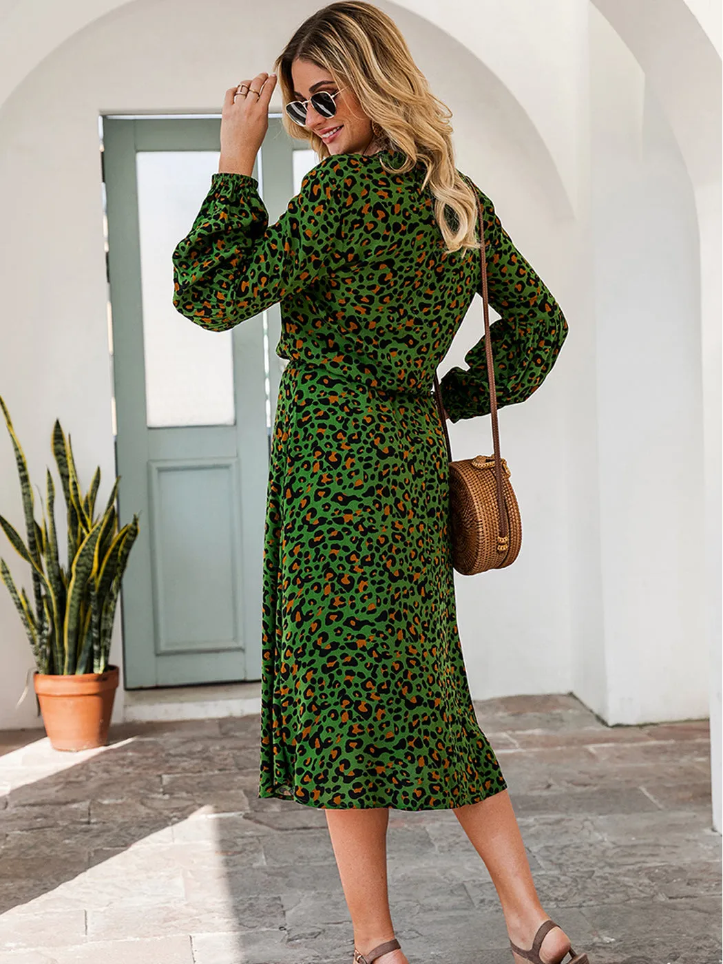 Anna-Kaci Women's Leopard Long Lantern Sleeves Drawstring Tie Waist Midi Dress