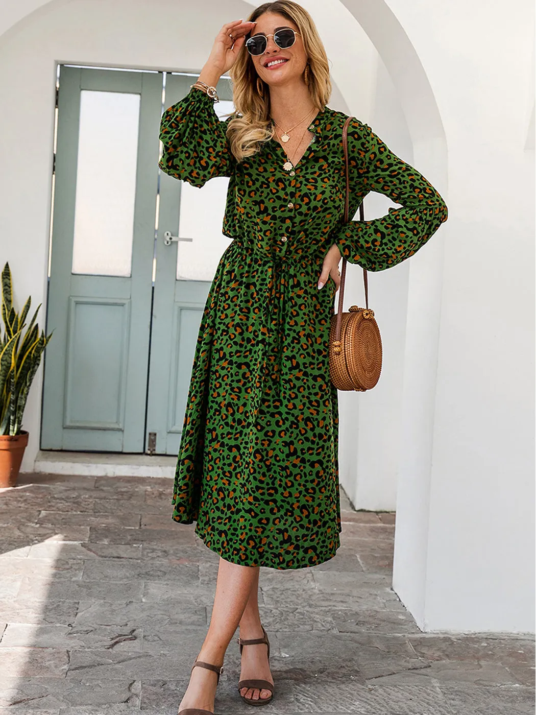 Anna-Kaci Women's Leopard Long Lantern Sleeves Drawstring Tie Waist Midi Dress