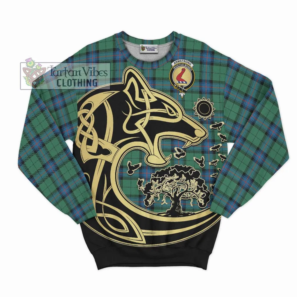 Armstrong Ancient Tartan Sweatshirt with Family Crest Celtic Wolf Style