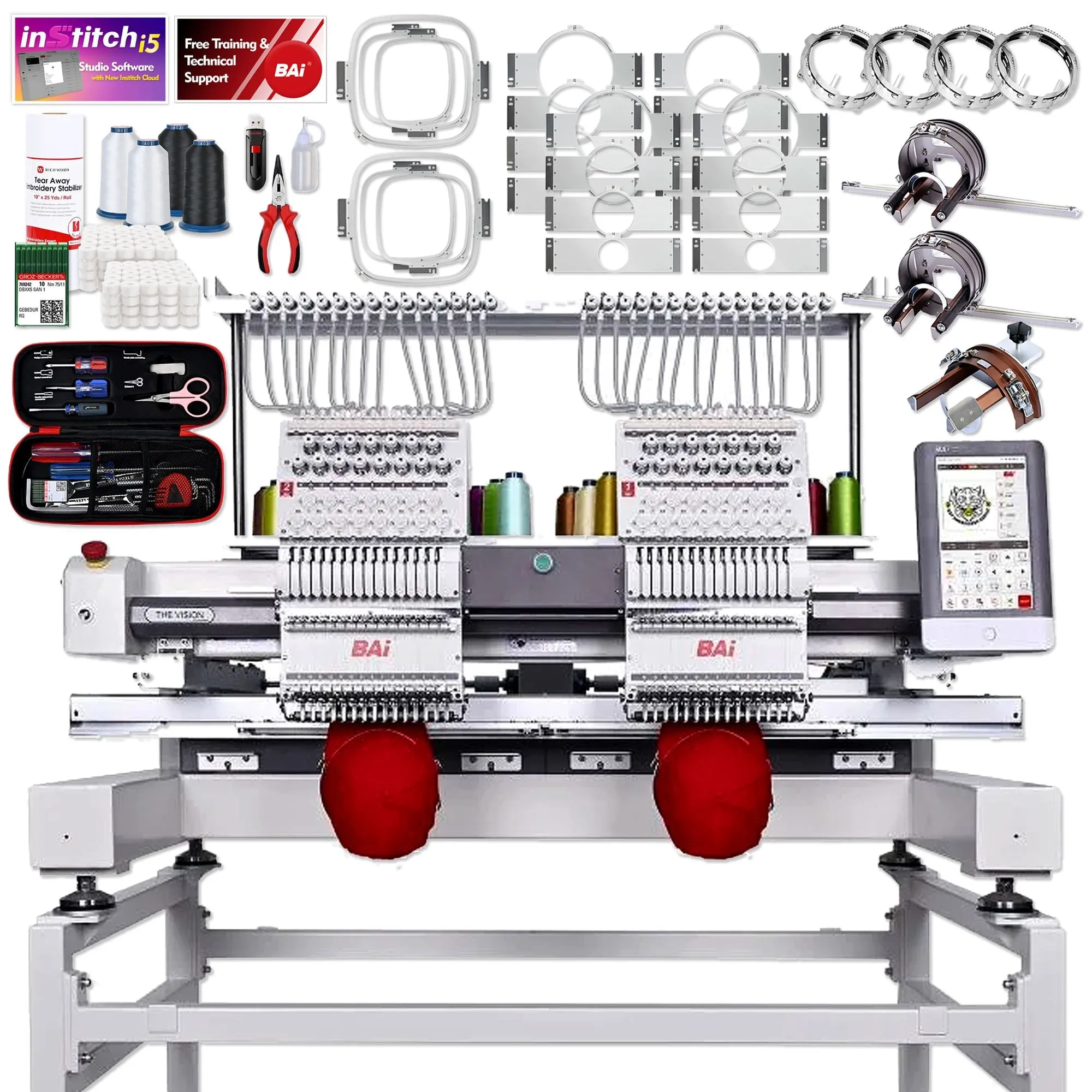 BAi VISION Two Head 15 Needle Commercial Embroidery Machine Deluxe Bundle