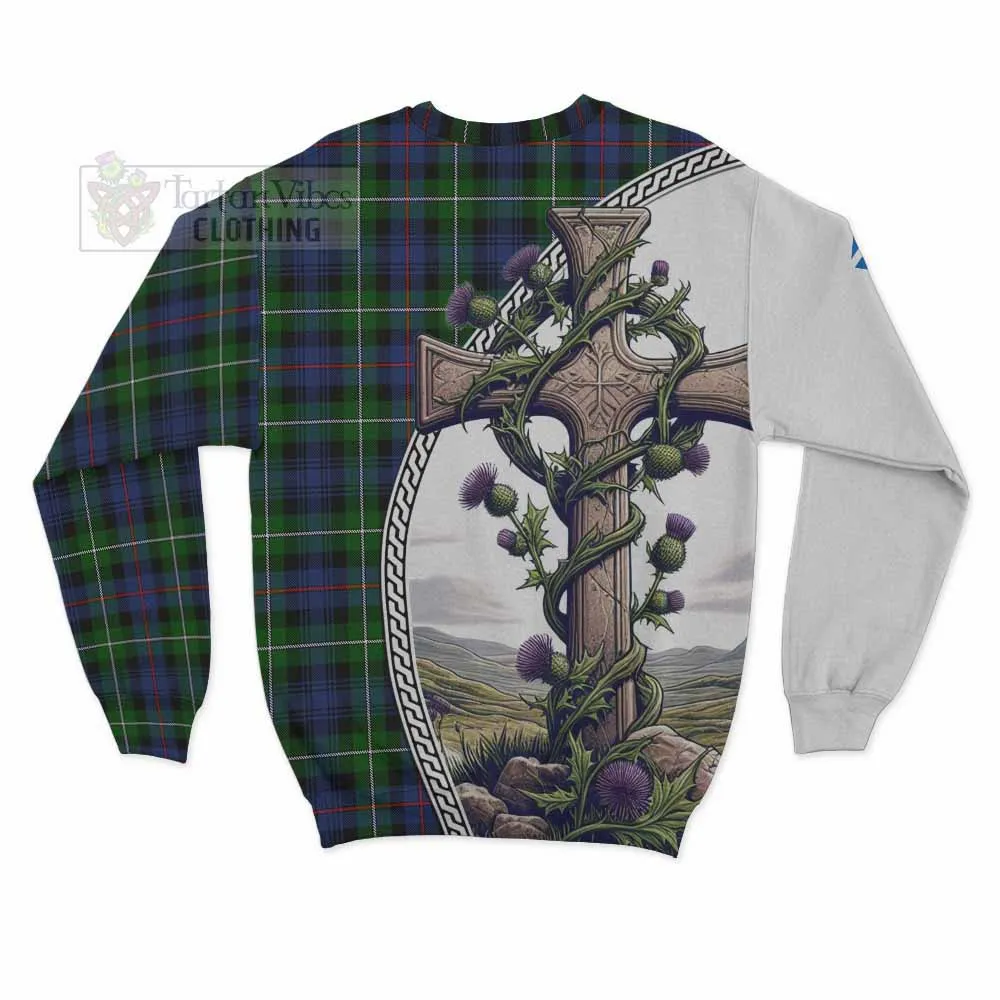 Baillie (Bailey) Tartan Sweatshirt with Family Crest and St. Andrew's Cross Accented by Thistle Vines