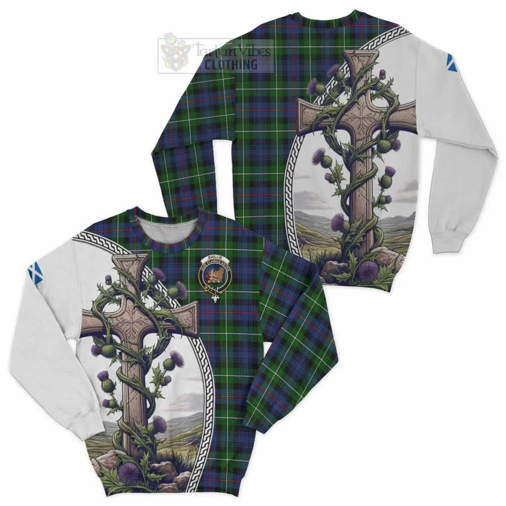 Baillie (Bailey) Tartan Sweatshirt with Family Crest and St. Andrew's Cross Accented by Thistle Vines