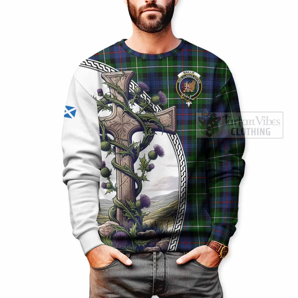 Baillie (Bailey) Tartan Sweatshirt with Family Crest and St. Andrew's Cross Accented by Thistle Vines