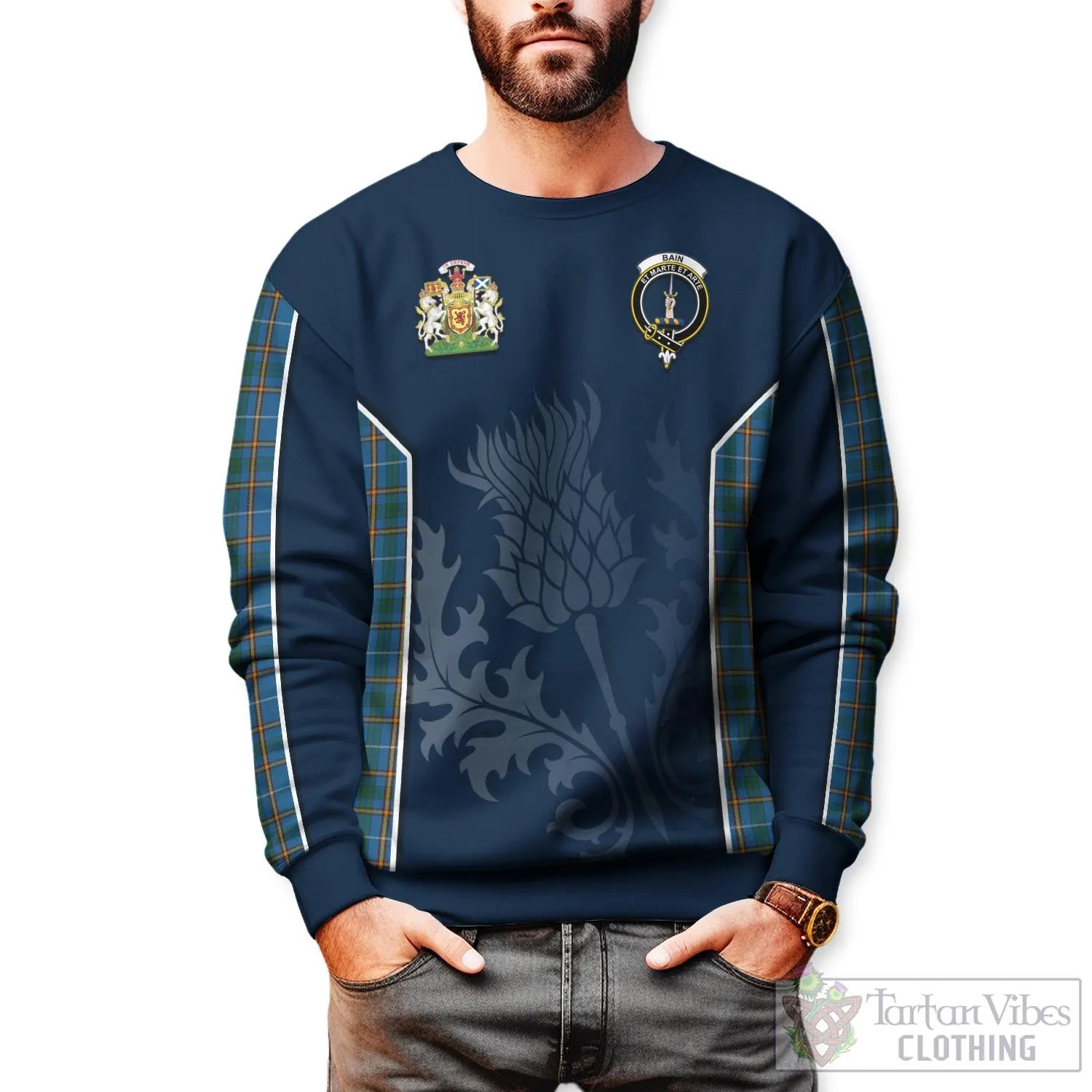 Bain Tartan Sweatshirt with Family Crest and Scottish Thistle Vibes Sport Style