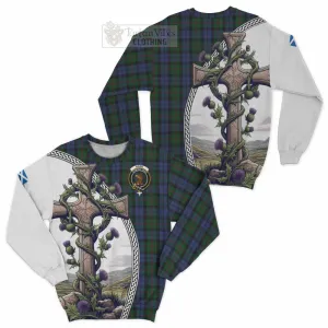 Baird Tartan Sweatshirt with Family Crest and St. Andrew's Cross Accented by Thistle Vines