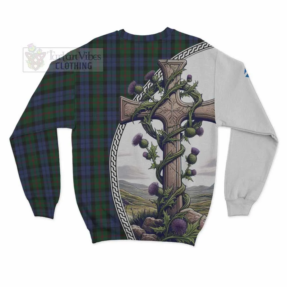 Baird Tartan Sweatshirt with Family Crest and St. Andrew's Cross Accented by Thistle Vines