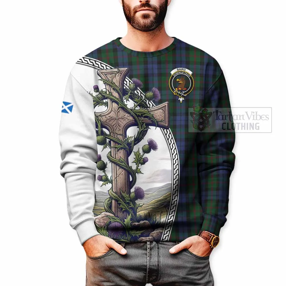 Baird Tartan Sweatshirt with Family Crest and St. Andrew's Cross Accented by Thistle Vines