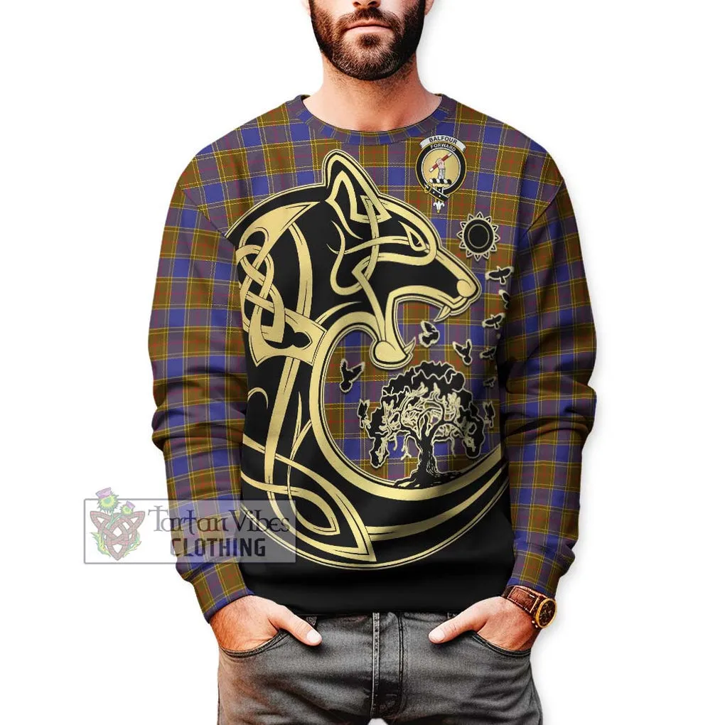 Balfour Tartan Sweatshirt with Family Crest Celtic Wolf Style