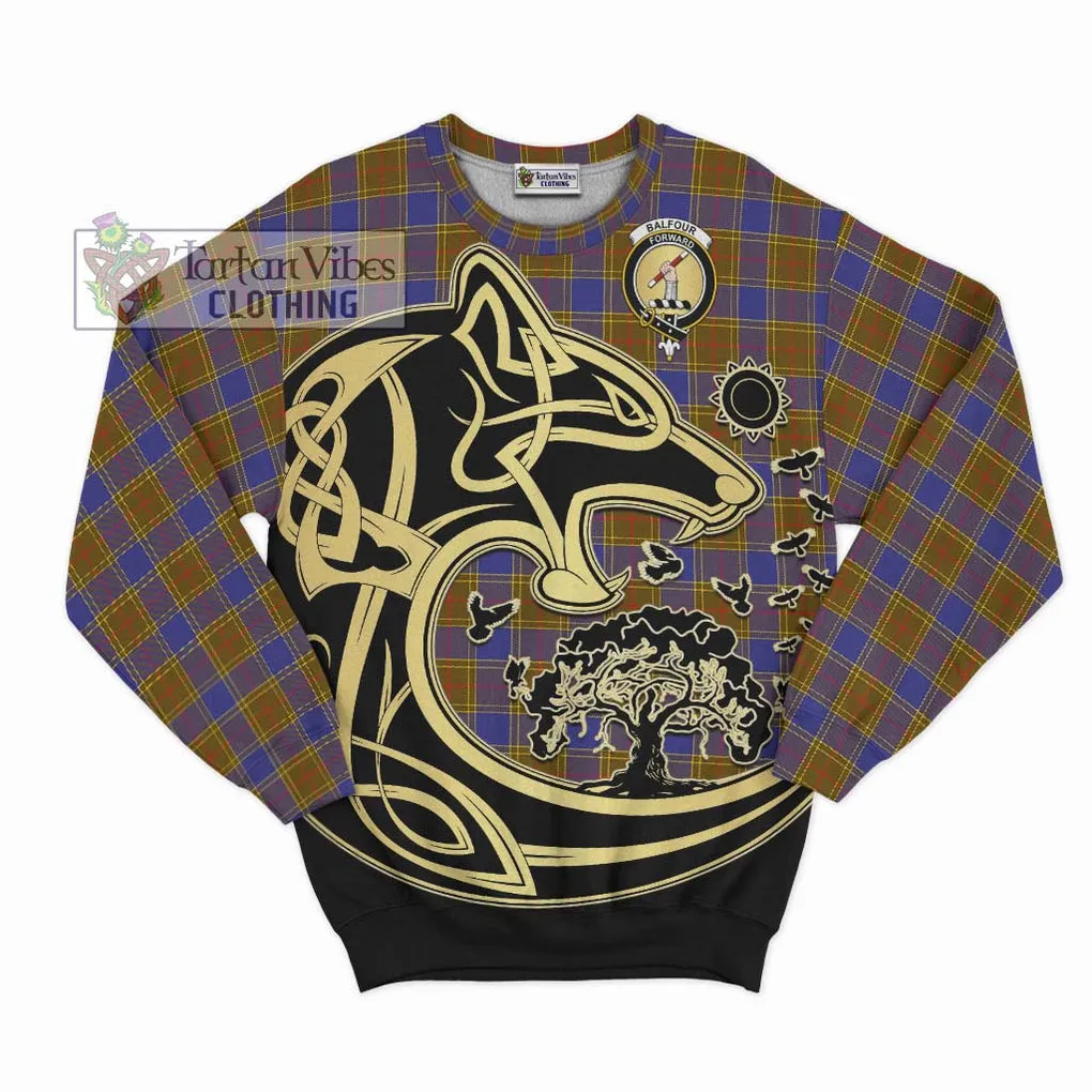 Balfour Tartan Sweatshirt with Family Crest Celtic Wolf Style