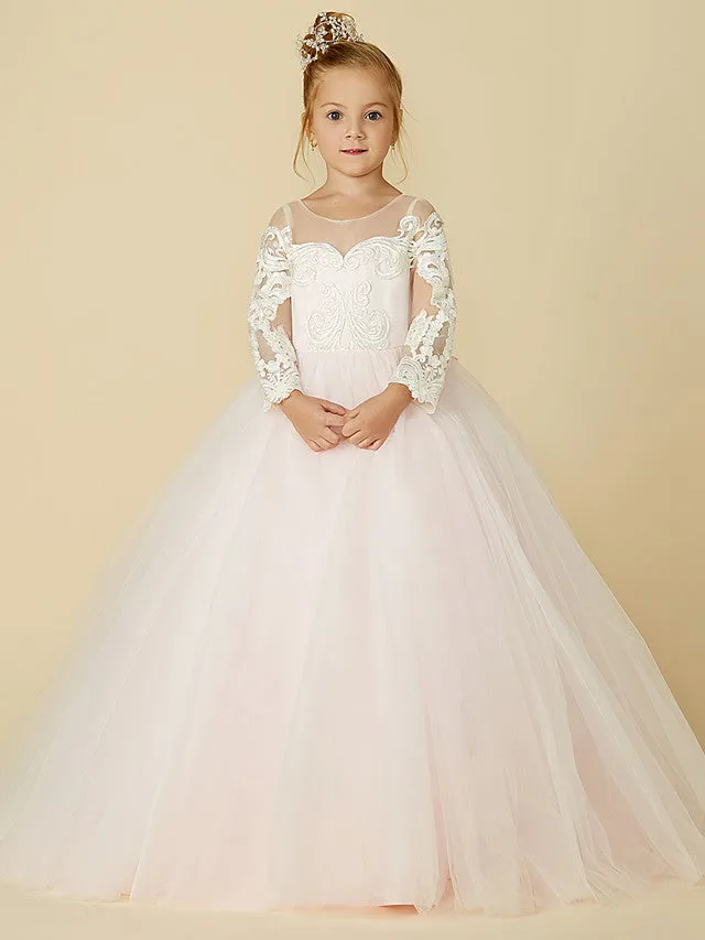 Ball Gown Lace Tulle Wedding Party Pageant Flower Girl Dresses with Sleeves