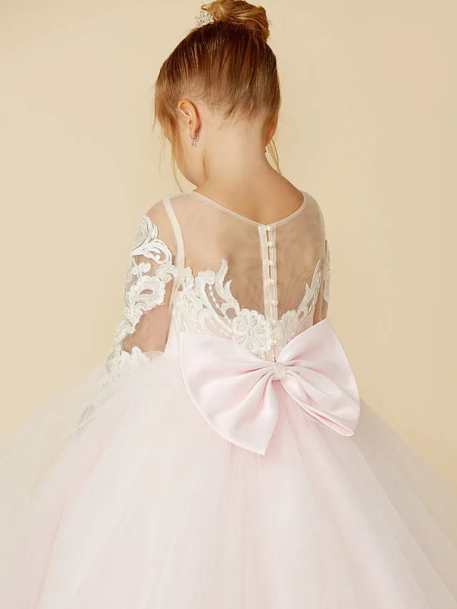 Ball Gown Lace Tulle Wedding Party Pageant Flower Girl Dresses with Sleeves