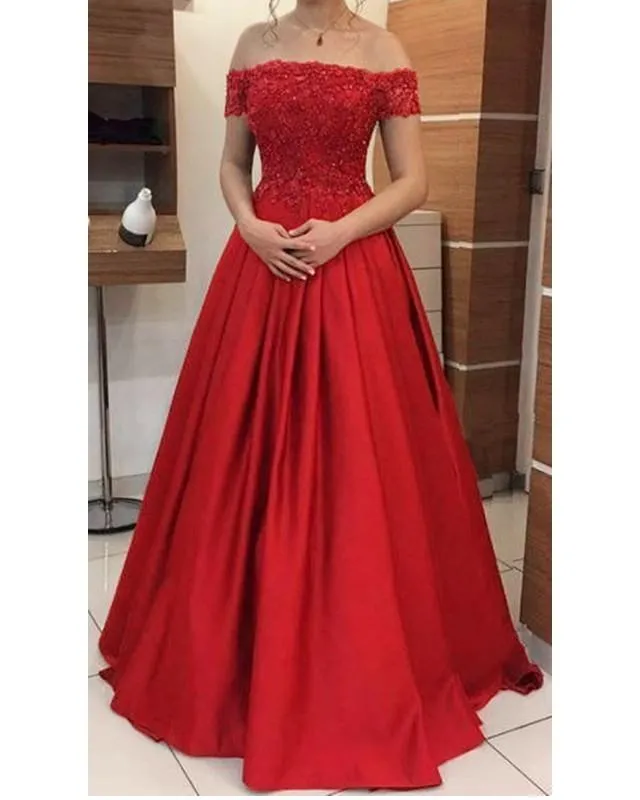 Ball Gown Satin Dresses Floor Length Lace Off Shoulder