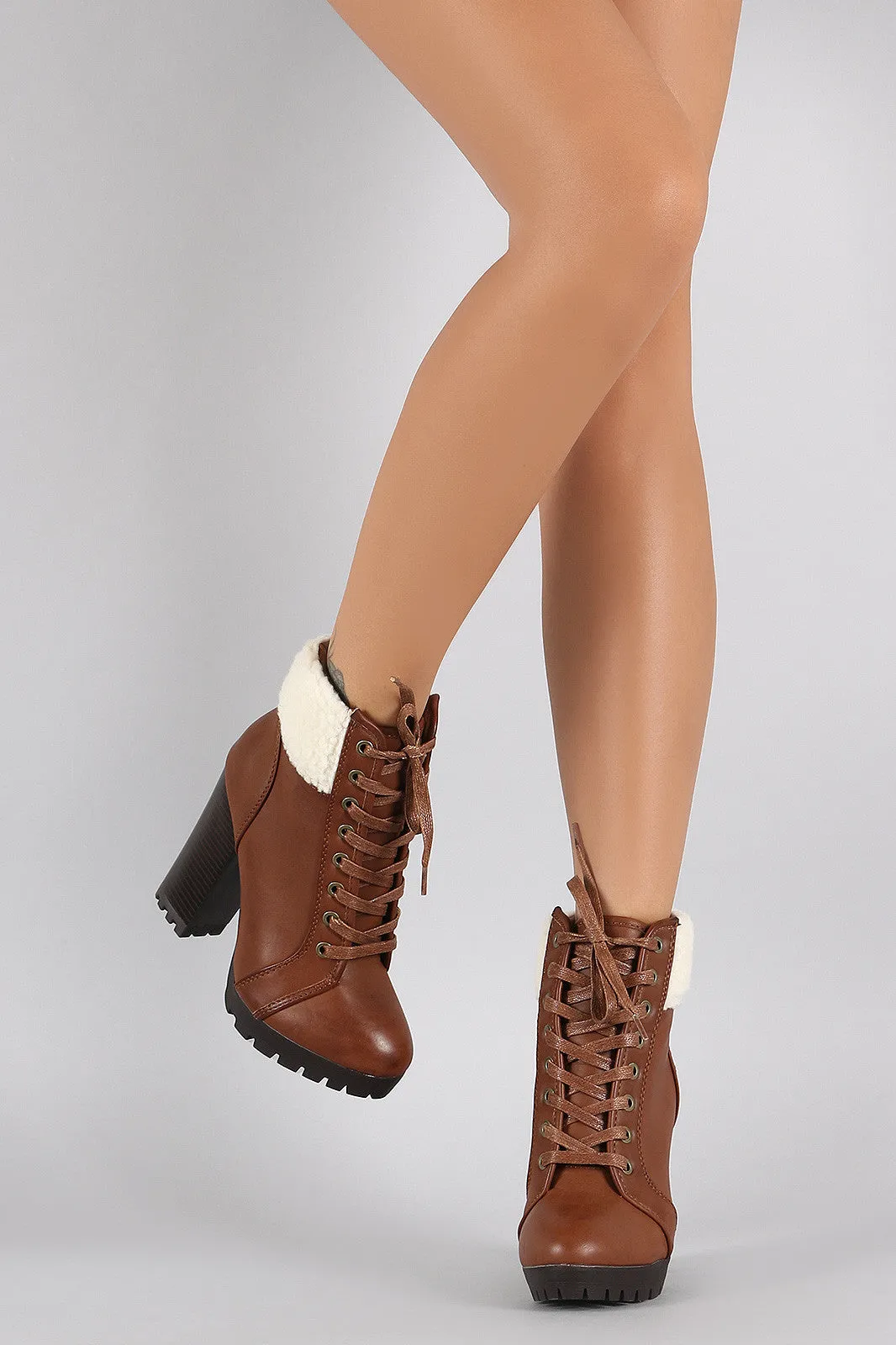 Bamboo Shearling Cuff Combat Lace Up Heeled Ankle Boots