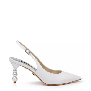 Beatrix - Pearl Heel Stiletto Slingback with Pointed Toe - Soft White