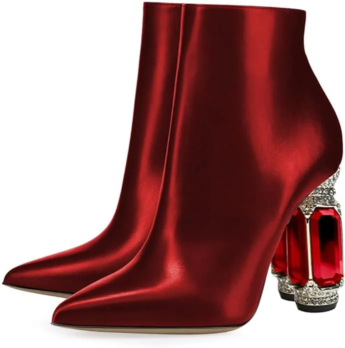 Beautified Merlot Crimson Red Bejeweled Ankle Boots