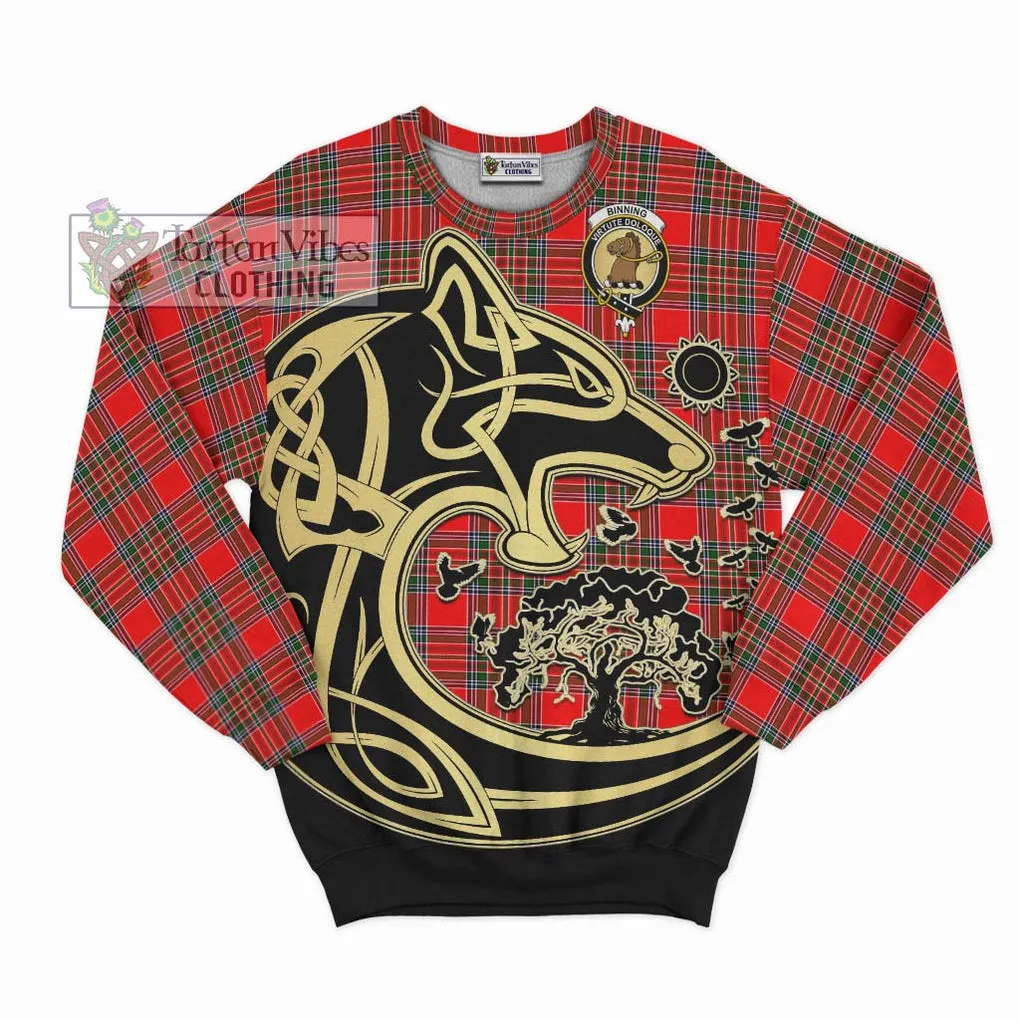 Binning Tartan Sweatshirt with Family Crest Celtic Wolf Style