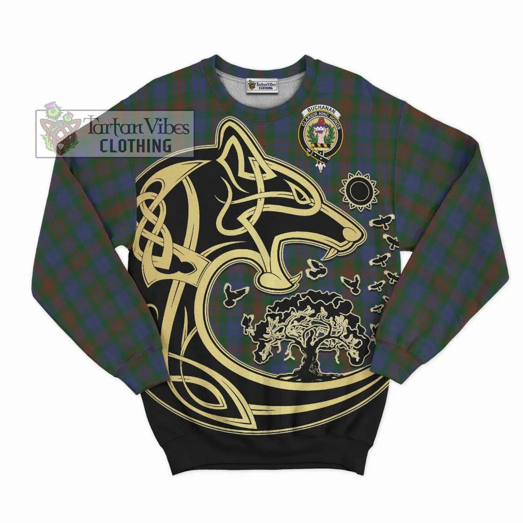 Buchanan Hunting Tartan Sweatshirt with Family Crest Celtic Wolf Style