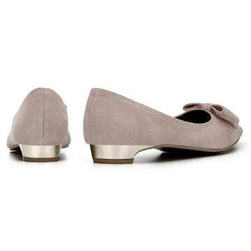 Cheap Nude Bowknot Pointed Toe Suede Flat Shoes