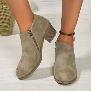 Chunky Heel Round Toe Boot Shoes With Side Zipper for Women