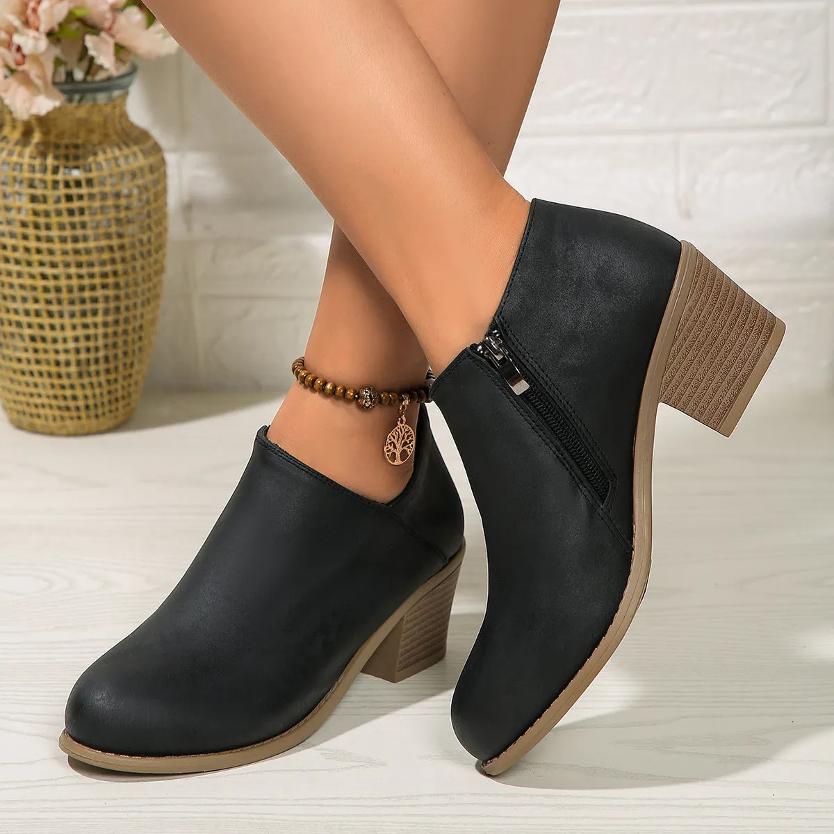 Chunky Heel Round Toe Boot Shoes With Side Zipper for Women