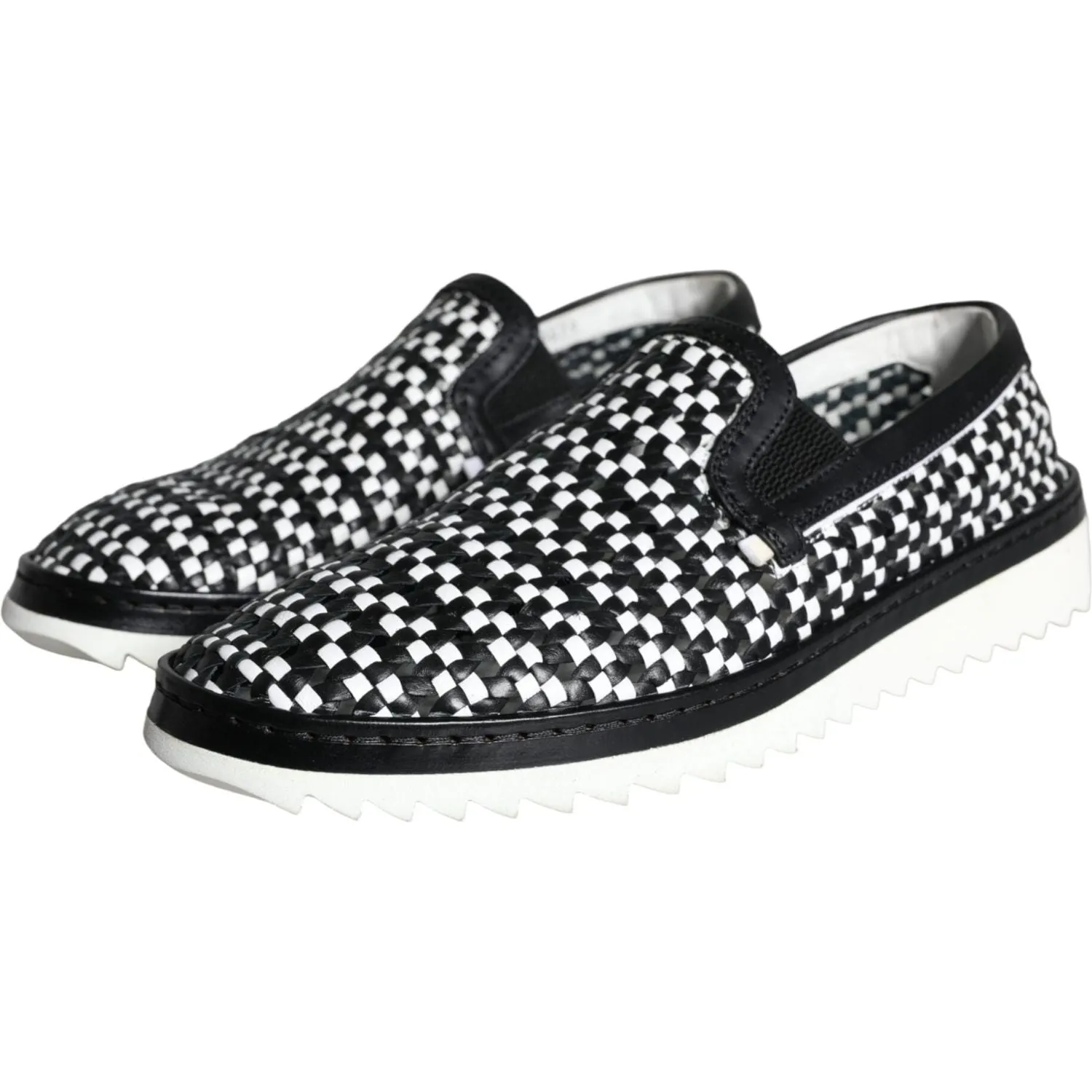 Dolce & Gabbana Black White Weaved Slip On Men Loafers Shoes