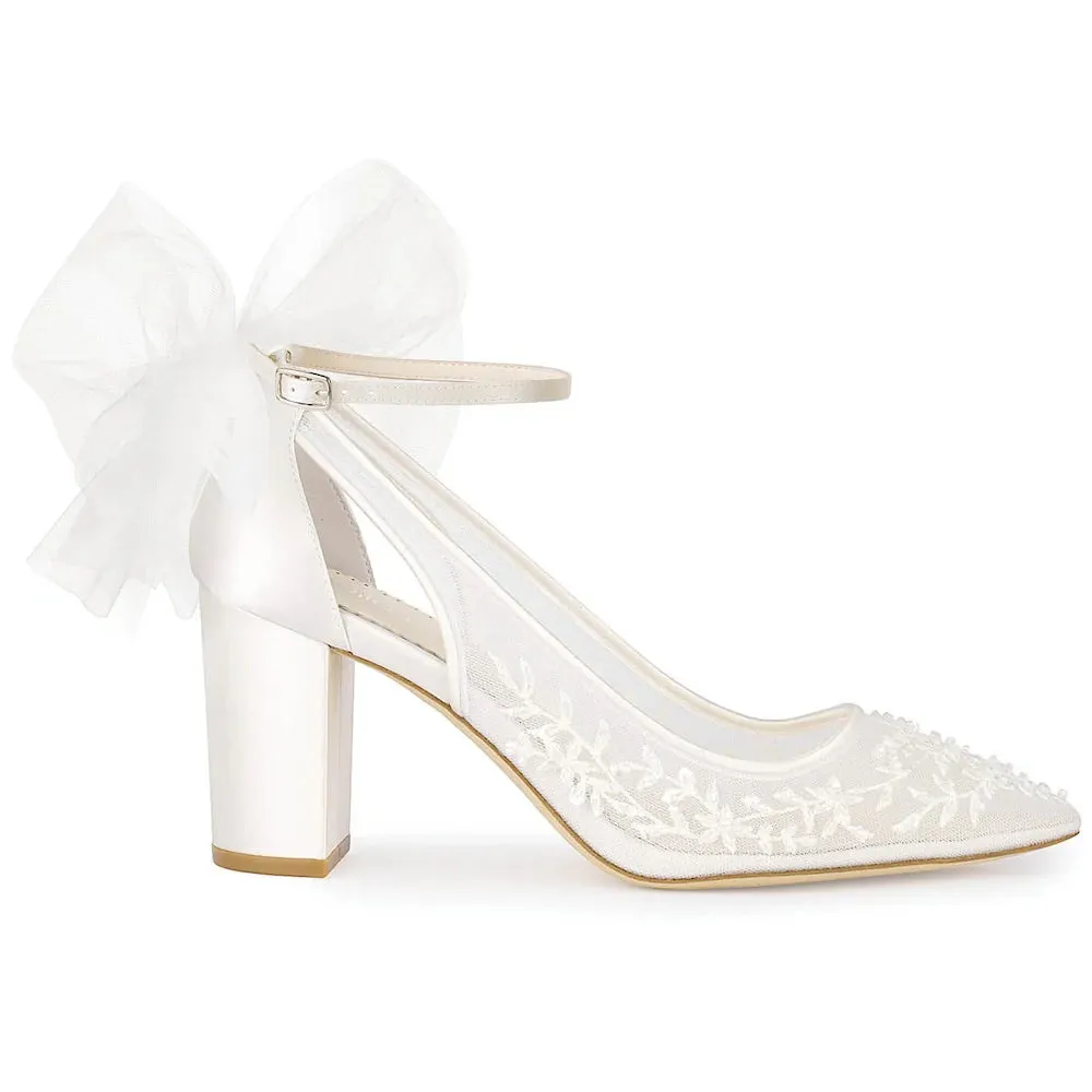 Easton - Slingback Block Heel Wedding Shoes with Tulle Bow