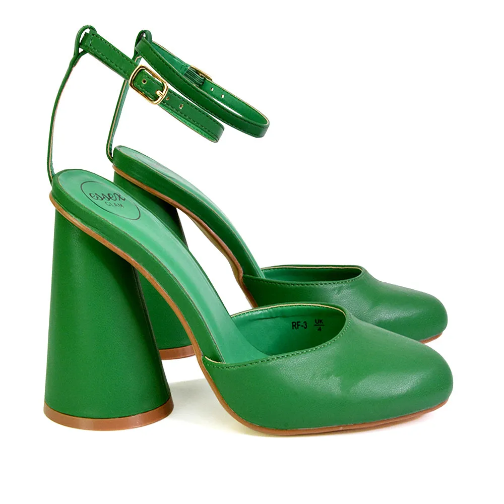 Ekin Ankle Strap Closed Toe Statement Cylinder Block Heel In Green