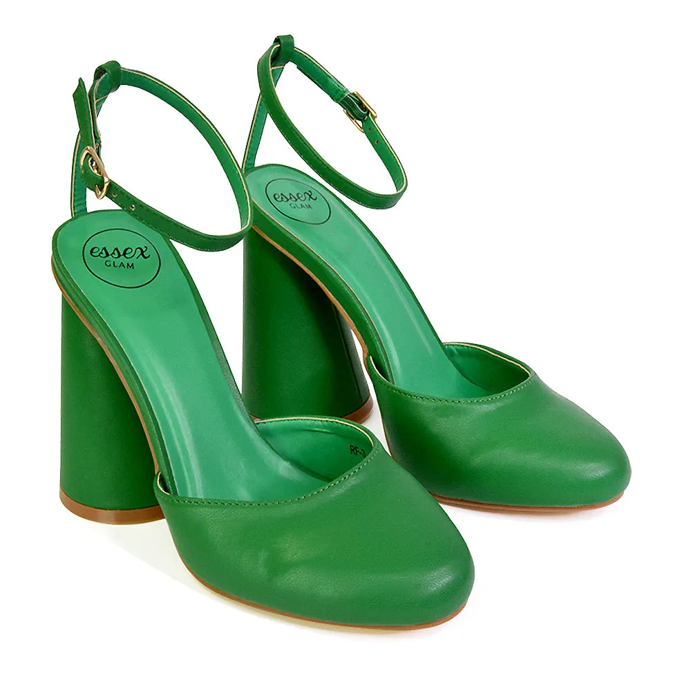 Ekin Ankle Strap Closed Toe Statement Cylinder Block Heel In Green