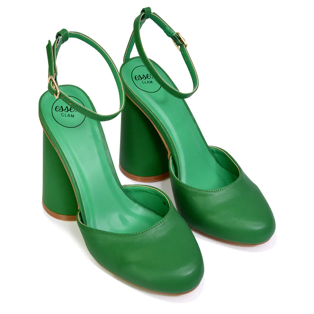 Ekin Ankle Strap Closed Toe Statement Cylinder Block Heel In Green