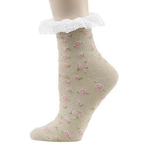 Funcat Womens Lace Ankle Socks Bobby Ruffle Frilly Art Flower Fashion Patterned Lace Top Casual Dress Anklet Socks Special Gift 5 Pairs