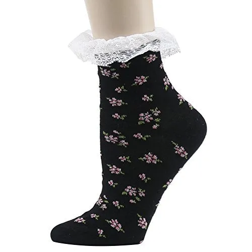 Funcat Womens Lace Ankle Socks Bobby Ruffle Frilly Art Flower Fashion Patterned Lace Top Casual Dress Anklet Socks Special Gift 5 Pairs