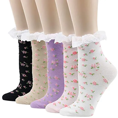 Funcat Womens Lace Ankle Socks Bobby Ruffle Frilly Art Flower Fashion Patterned Lace Top Casual Dress Anklet Socks Special Gift 5 Pairs