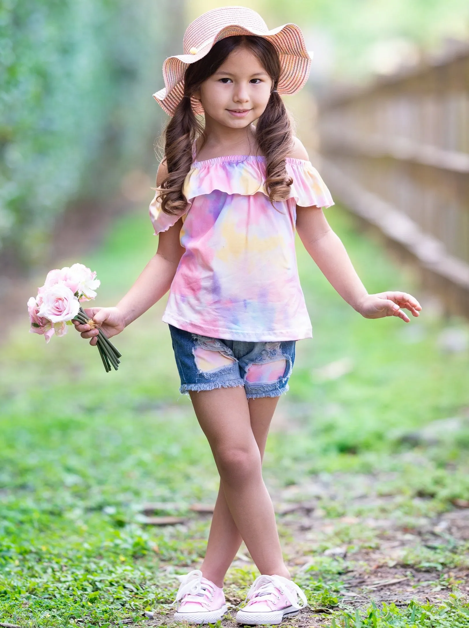 Girls Flower Power Top and Denim Short Set