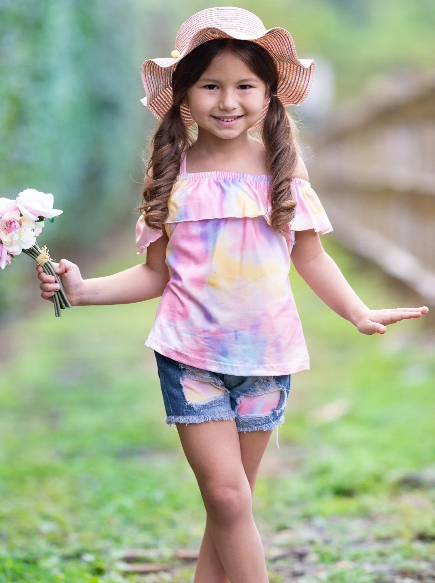 Girls Flower Power Top and Denim Short Set