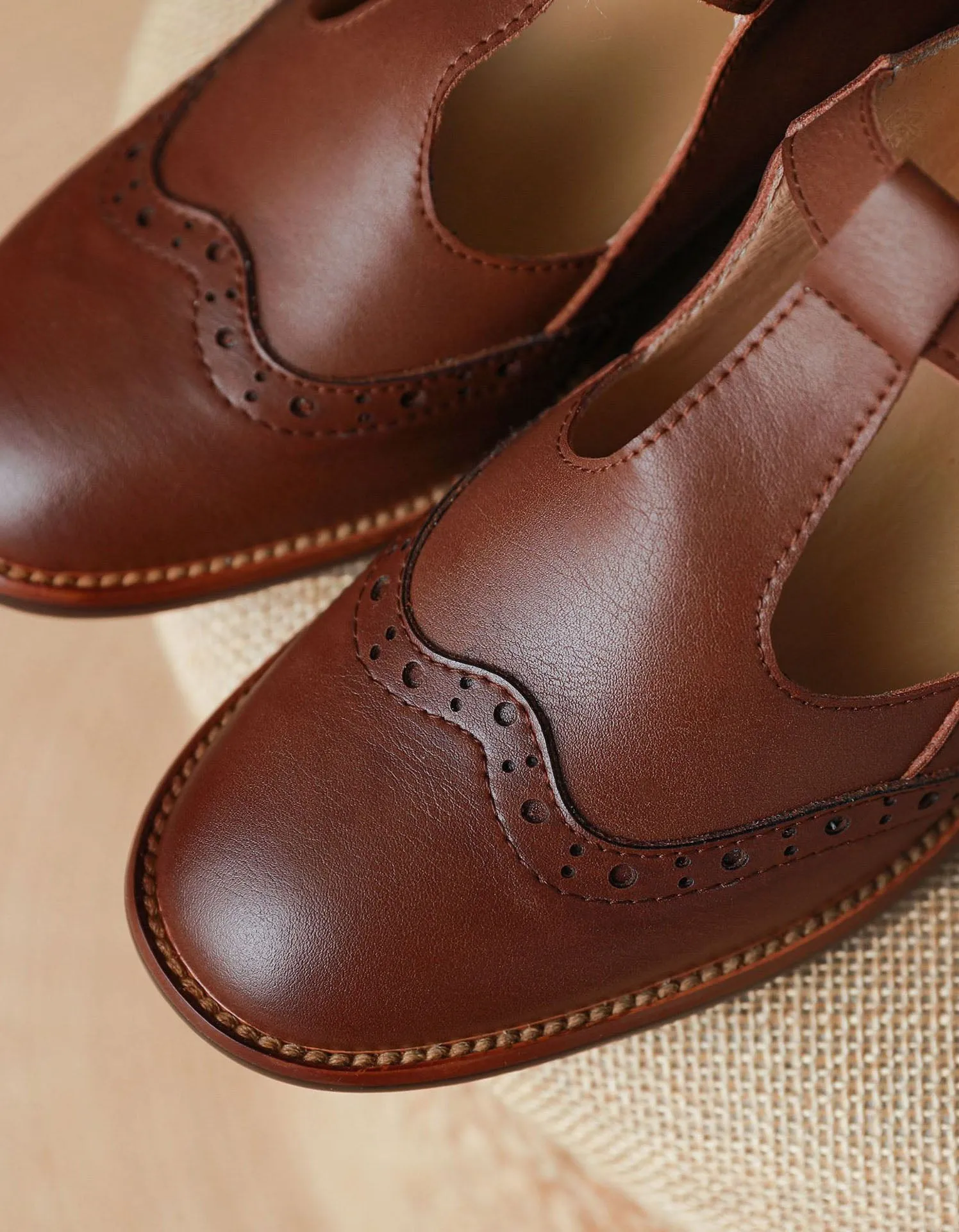 Handmade Brogue Style T-strap Oxford Shoes